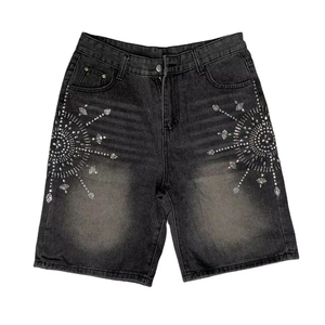 Pantalones cortos de verano de Hip Hop para hombre de alta calidad 2025, pantalones vaqueros de algodón con estampado de diamantes de imitación lavados personalizados de primera calidad - Product Image 1