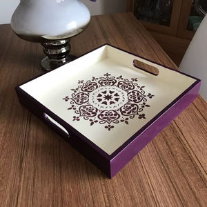 Plateau de service carré en bois avec poignées, motif mandala, pour cuisine, salle à manger, plat de présentation alimentaire, vaisselle, organisateur de rangement, café et boissons à domicile - Product Image 1