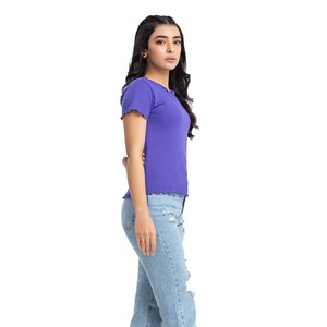 T-shirt à manches courtes côtelé en coton 100% pour femmes, haut court d'été avec motif imprimé à bandoulière dans toutes les couleurs - Product Image 6