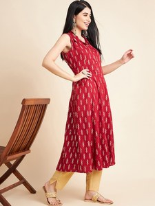 Gran oferta, alta demanda, moda, alta calidad, estampado Floral étnico, tela de algodón sin mangas, conjunto de Kurta de línea A para mujer - Product Image 4