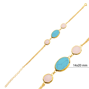 Venta al por mayor oval turquesa redondo rosa cuarzo oro bisel plata Pulsera hecha a mano 925 joyería esterlina - Product Image 2