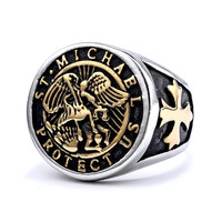 Anillo Unisex Clásico de Acero Inoxidable con Baño de Oro de 18K, Corte Princesa, Libre de Deslustre, con Diseño de Ángel Arcángel San Miguel, MOQ Bajo