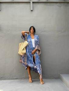 Kimono long floral pour femmes 2023, tie-dye, couvre-maillot de plage, ceinture, taille naturelle, longueur au sol, motif uni, style tissé pour l'été - Product Image 2