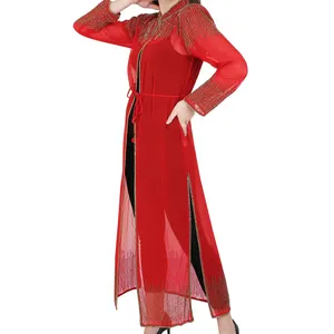 Prix le plus bas pour les manches longues Abaya Kaftan Cover Up Georgette One Piece Long Coat Maxi Dress With Spaghetti Strap à vendre