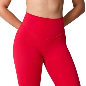 High Waist Full Length Yoga <b>Leggings</b> Solid Red Spandex/Polyester Four-Way Stretch Breathable Quick Dry Eco-Friendly Elastic - Product Image 3