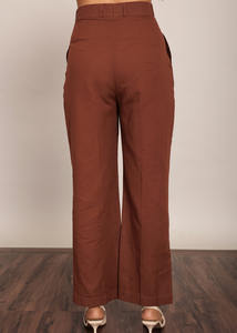 Pantalon en lin léger pour femme, nouveau style, marron, coupe droite décontractée, taille élastique, grandes tailles disponibles, bouton tissé tendance - Product Image 3
