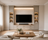 Meuble TV mural moderne KEJIA gris clair pour salon avec tiroirs de rangement et étagères de présentation