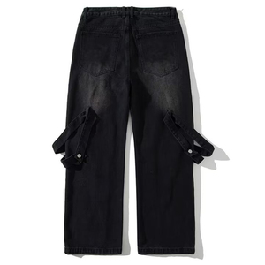 Pantalones vaqueros de cuerda de empalme con diseño rasgado Retro para hombre, Pantalones rectos de pierna ancha holgados de calle alta, nuevos pantalones vaqueros estilo Hip Hop de lavado oscuro - Product Image 2