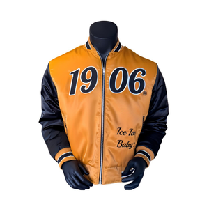 Année de la fondation Blouson aviateur Alpha or noir personnalisé Broderie en chenille de satin Glace froide Varsity Greek Life Apparel OEM - Product Image 1