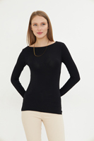 Camiseta de Punto de Manga Larga con Cuello Redondo para Mujer, Color Negro, Corte Ajustado, Estilo Minimalista, para Todas las Temporadas
