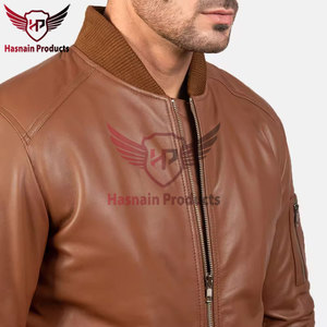 <b>Mens</b> Real Tan <b>Leather</b> Bomber <b>Jacket</b> Rib Collar Zip Sleeve Pocket Quilted Placket Sheepskin Flight Coat Custom Brown Winter Out - Product Image 2