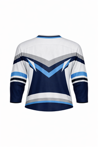 Jersey de Hockey sobre Hielo Geométrico Azul Marino y Blanco para Hombre, Manga Tres Cuartos, Cuello en V, Absorbe la Humedad, Sublimado - Product Image 3