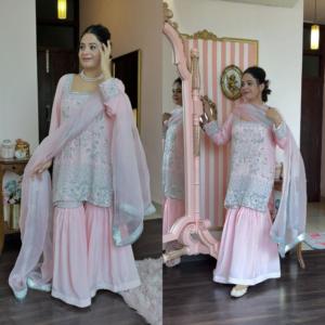 ชุดปาร์ตี้ออกแบบใหม่ล่าสุดผ้าจอร์เจียหนังเทียมชาราพาลาซโซกับชุดมีสไตล์ Dupatta - Product Image 1