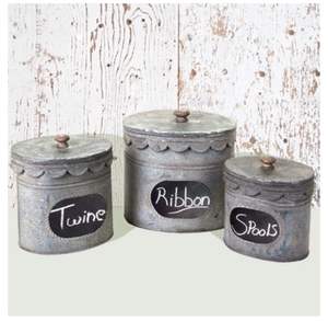 Galvanized <b>Canister</b> <b>Set</b> With Farmhouse Style Print And Rustic Texture Ideal For Organizing Ingredients On Open Shelves - Product Image 3