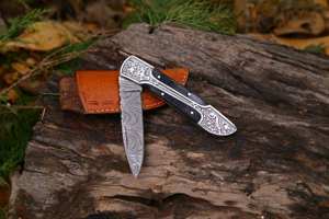 Cuchillo de bolsillo de hoja de acero de Damasco hecho a mano, mango de madera negra, cuchillo utilitario plegable personalizable DIY, regalo OEM para uso Industrial - Product Image 5