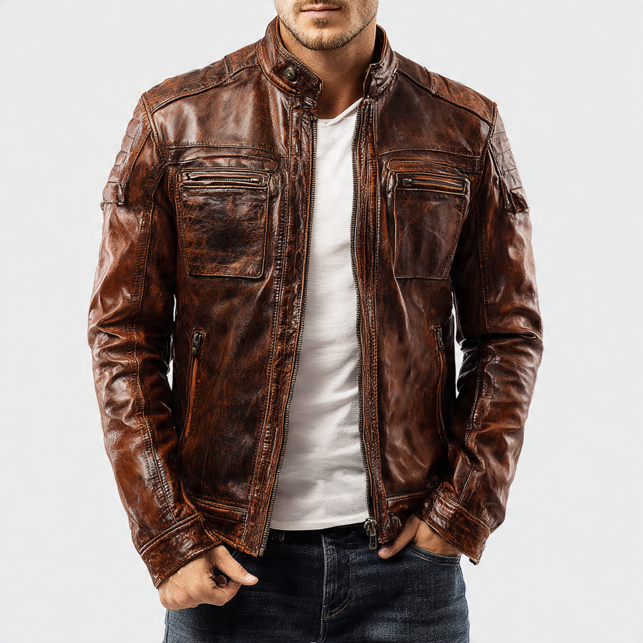 Power Punch Men's Leather Biker Jacket with Chest Pocket and Front Logo Stand
