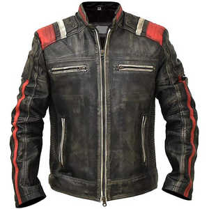 <b>Men's</b> Brown Genuine Cowhide Leather Moto <b>Jacket</b> Stand Collar Zipper Closure Slim Fit Regular Length Autumn Wear - Product Image 1