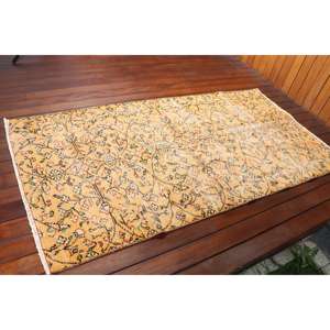 Tapis turc vintage 3,3x6,3 pi (102x193 cm), tapis oriental en laine jaune - Product Image 2