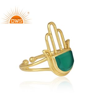 Anillo de Plata de Ley 925 con Baño de Oro de 18K y Piedra Preciosa de Ónix Verde Natural, Diseño Hamsa, Banda Dividida, Ideal para Fiestas, de Moda, el Más Vendido - Product Image 3