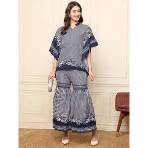 DEEBACO ชุดเซ็ตเสื้อคลุมยาวลายทางสีน้ำเงินสำหรับผู้หญิงพร้อมชุดชาราร่าความยาวระดับข้อเท้าชุดตะวันตกชุดฤดูร้อนฤดูใบไม้ผลิ - Product Image 1