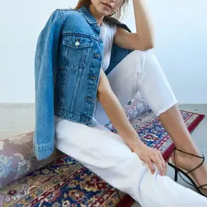 Veste Denim Bleu Vintage Classique pour Femmes Respirant Bouton Léger Élégant Design Déchiré Peau de Mouton Surdimensionné - Product Image 2