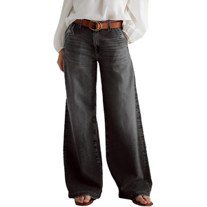Pantalons de bureau pour femmes en jean, polyester/coton, été, écologiques, respirants, vintage, taille haute, jambe large, vente en gros, 2025 - Product Image 1