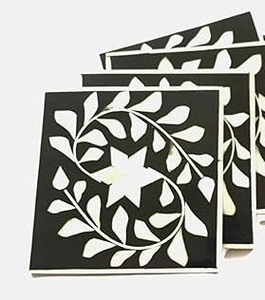 Premium Classic Eco-Friendly Square Bone Inlay Drink <b>Coaster</b> Set <b>White</b> Black Background Drink Mats Pads - Product Image 3