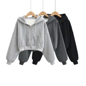 Vente en gros en vrac streetwear sweat à capuche uni épais crop top sweats à capuche pour femmes fabricants de sweats à capuche courts surdimensionnés couleur unie - Product Image 1