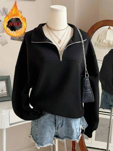 Sweat-shirt à capuche en tricot jacquard délavé à l'acide pour femmes noires, en molleton de coton, respirant, anti-froissement, streetwear d'automne - Product Image 2