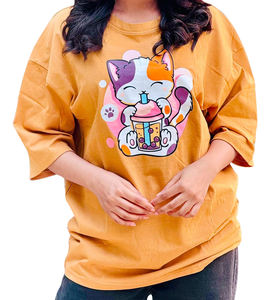 T-shirt à col rond pour femme, 100% coton de qualité supérieure, design décontracté à épaules tombantes, logo tricoté, respirant, tendance, prix de gros - Product Image 4