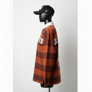 Camiseta de Rugby para Mujer, 240 GSM, Mezcla de Algodón y Poliéster, Diseño de Paneles a Rayas Marrón y Naranja, Logotipo Personalizado Bordado - Product Image 3
