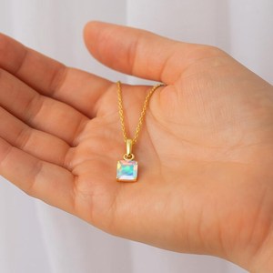 White Multifire Opal Square Gemstone Pendant <b>Necklace</b> Natural Opal 925 Sterling Silver 14k Gold Plated Jewelry Gift - Product Image 4