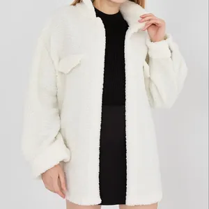 White Buttoned Plush Coat Plush Fabric Button Detailed White Fur Detailed Coat Practical