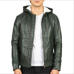 Green Hooded Leather Jacket for Men Real Sheephide Leather Zipper Closure Fur Hooded Collar <b>Snap</b> Button Cuffs Stylish Pockets - Product Image 1