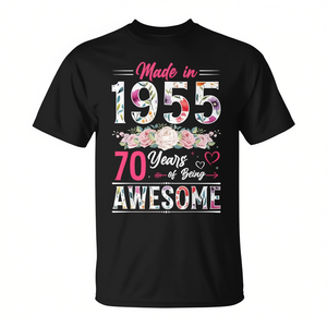 T-shirt da donna con stampa floreale del 70° compleanno, realizzata nel 1955, a maniche corte, girocollo, stampa digitale per donne adulte - Product Image 2