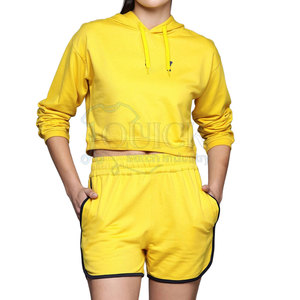 2025 personalizado Casual tejido 100% algodón mujeres sudaderas con capucha conjunto corto Color sólido transpirable - Product Image 1