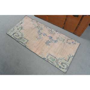 Petit tapis vintage 1,8x3,7 pi (54x113 cm), tapis oriental turc en laine bleue - Product Image 2