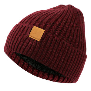 Bonnet en tricot bordeaux unisexe avec patch en simili cuir, 100% acrylique, bonnet d'hiver pour usage décontracté en extérieur, taille adulte 56-58CM - Product Image 6