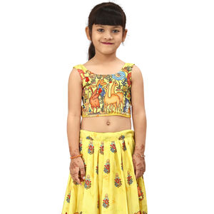 Ensemble Chaniya Choli pour filles, vêtements traditionnels pour enfants, mode Shoryam, imprimé animal jaune, mélange de coton, art populaire indien, Lehenga de fête - Product Image 1