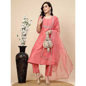 Kurta y Pantalones Anarkali de Satén Color Durazno para Mujer con Bordado de Espejo y Dupatta - Product Image 5