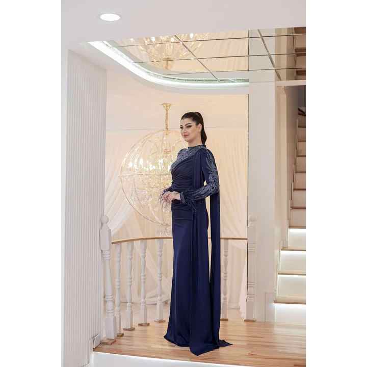 Draped and Sleeve Feather Detailed Evening Dress Melinda