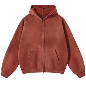 Moda 400 GSM Zip up sudaderas con capucha unisex pesado desgastado sudaderas con capucha al por mayor de gran tamaño piedra lavada Sudadera con capucha en blanco - Product Image 6