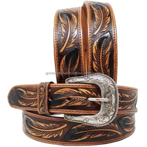 Cinturón de cuero occidental Vaquero Cuero de grano completo genuino Cinturón de moda occidental 38mm de ancho Cinturón de hombre con relieve floral a mano - Product Image 1