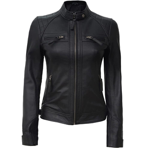 Chaqueta de cuero a la moda para mujer, piel de oveja genuina de gama alta, borde de Moto clásico con cuello levantado y aspecto elegante ajustado a medida - Product Image 4