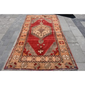 Alfombra turca vintage de 5x9 pies, diseño de retazos rojo y beige, Alfombra de lana de tejido plano para decoraciones para sala de estar, tamaño de 9x12" - Product Image 1