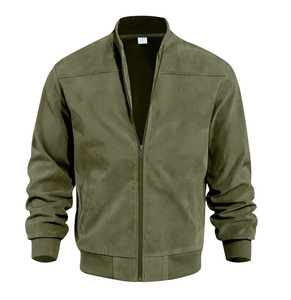 แจ็คเก็ตบอมเบอร์หนังกลับสีเขียวมะกอกสำหรับผู้ชายสั่งทำขายส่ง คอเสื้อและปลายแขนเสื้อแบบริบ สำหรับใส่ลำลอง - Product Image 5