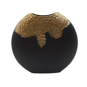 Round <b>Black</b> and Gold Hammered <b>Vase</b> with Decorative Accent and Artistic Metallic Finish for Luxury Home & Office Decor - Product Image 1