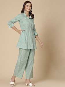 Kurta Palazzos de Verano de Manga Larga, Elegante, de Algodón Puro, con Estampado Floral Verde Mar, Estilo Moderno y de Excelente Calidad - Product Image 3