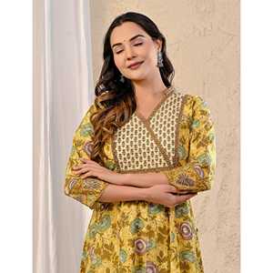 Vestido Largo Elegante Amarillo con Estampado Jaal de Algodón Crema para Mujer, Talla Única y 5XL, para Fiestas de Cumpleaños, Oficina, Trabajo, Clubes y Uso Diario - Product Image 1