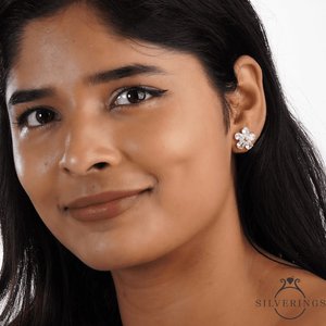 NOVAMART Fine Silverings 925 <b>Sterling</b> <b>Silver</b> Women's Trendy Earrings Pretty <b>Stud</b> and Drop with Diamond Floral Pattern Rose Gold - Product Image 6